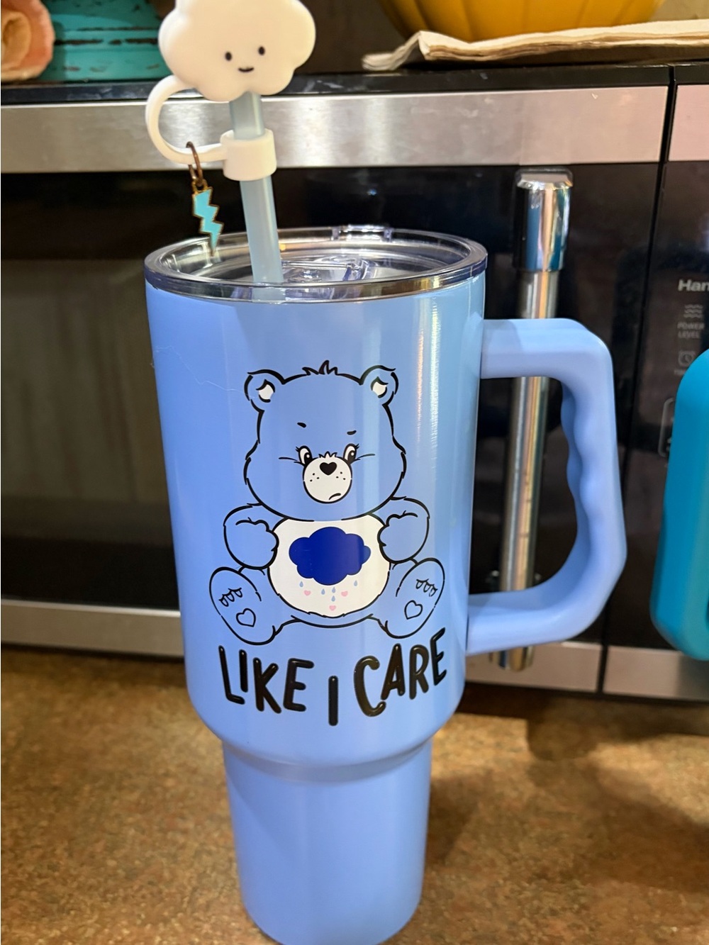 Like I Care Blue Bear Insulated Travel Mug with Handle and straw topper